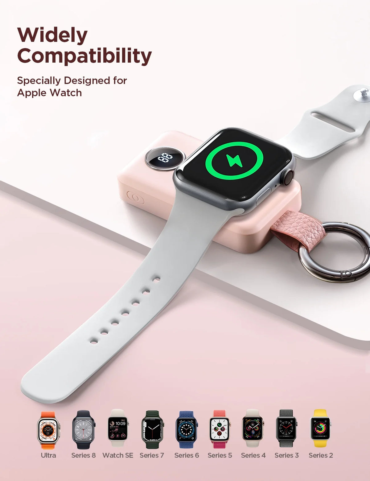 Magnetic Wireless Power Bank for Apple Watch - 2000mAh Portable Charger with Fast Charging Keychain Compatibility for Series 2-11 and Ultra, Pink