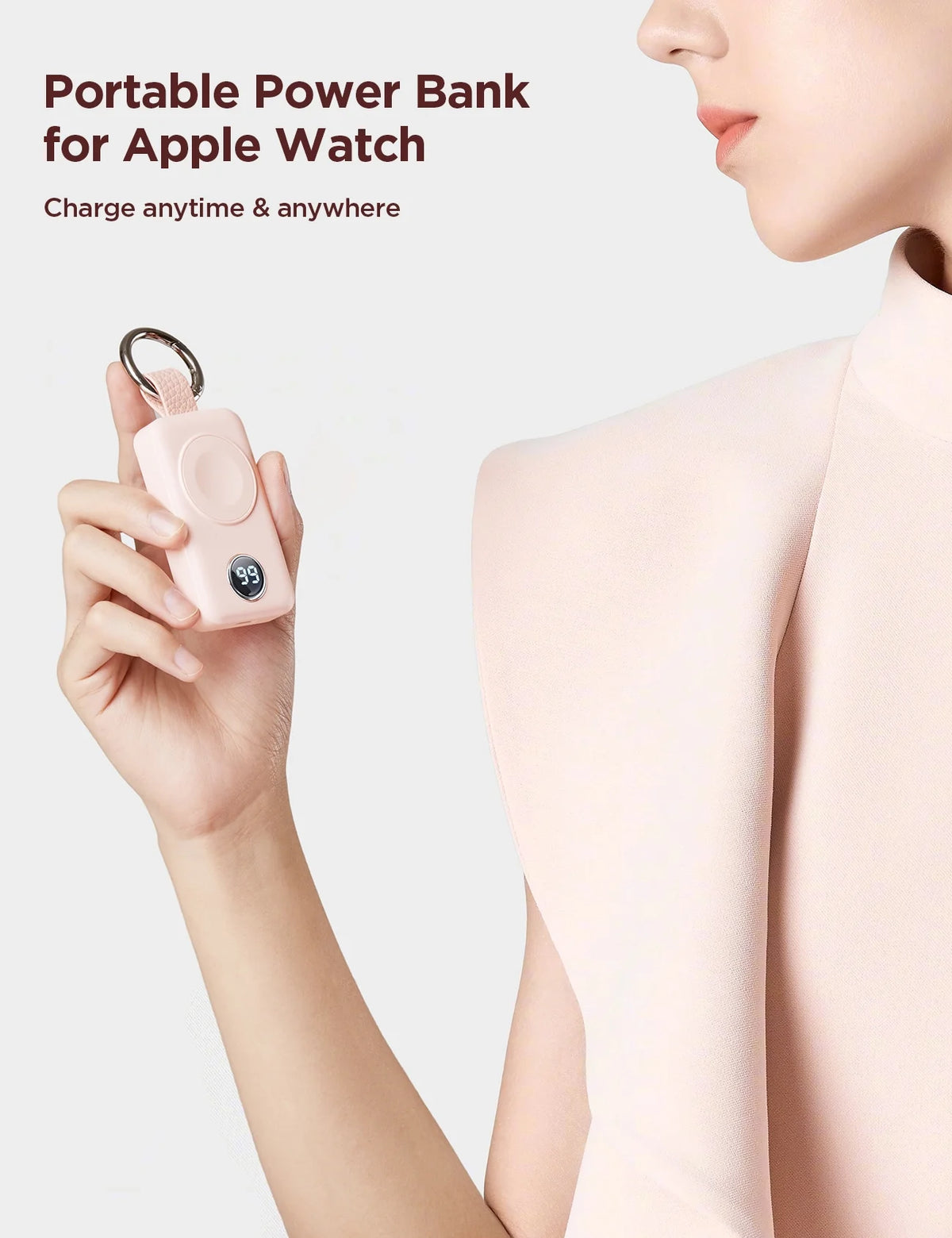 Magnetic Wireless Power Bank for Apple Watch - 2000mAh Portable Charger with Fast Charging Keychain Compatibility for Series 2-11 and Ultra, Pink