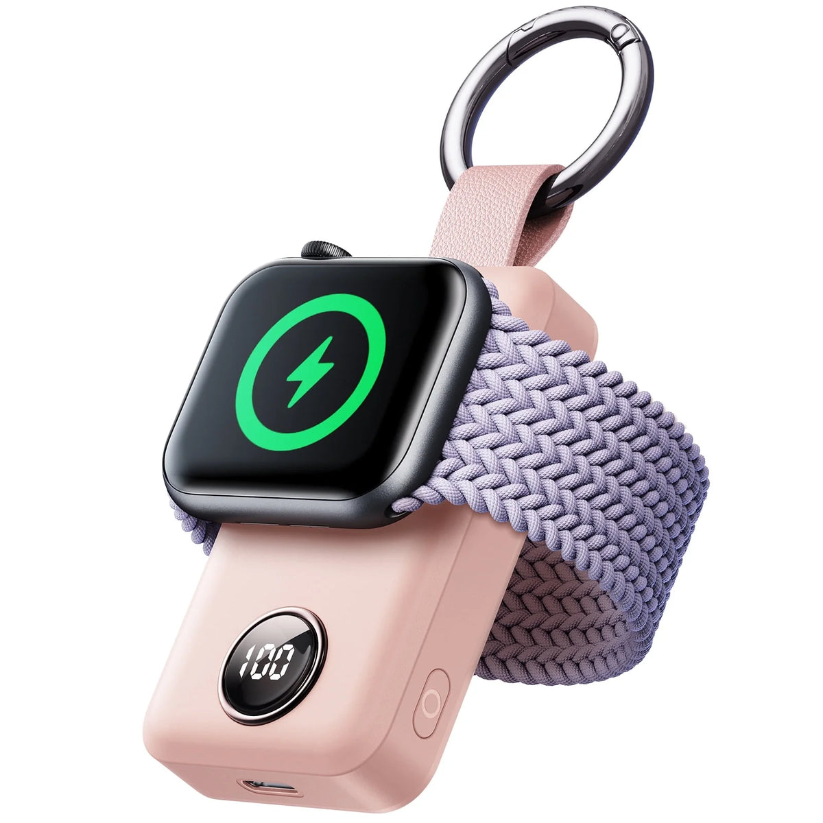 Magnetic Wireless Power Bank for Apple Watch - 2000mAh Portable Charger with Fast Charging Keychain Compatibility for Series 2-11 and Ultra, Pink