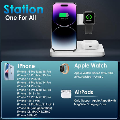 3 in 1 Charging Station for Multi Devices, Wireless Charger for Iphone 8-16 Series & Apple Watch, Wireless Charging Station for Airpods Pro/4/3/2