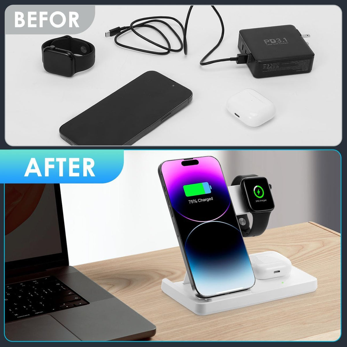 3 in 1 Charging Station for Multi Devices, Wireless Charger for Iphone 8-16 Series & Apple Watch, Wireless Charging Station for Airpods Pro/4/3/2