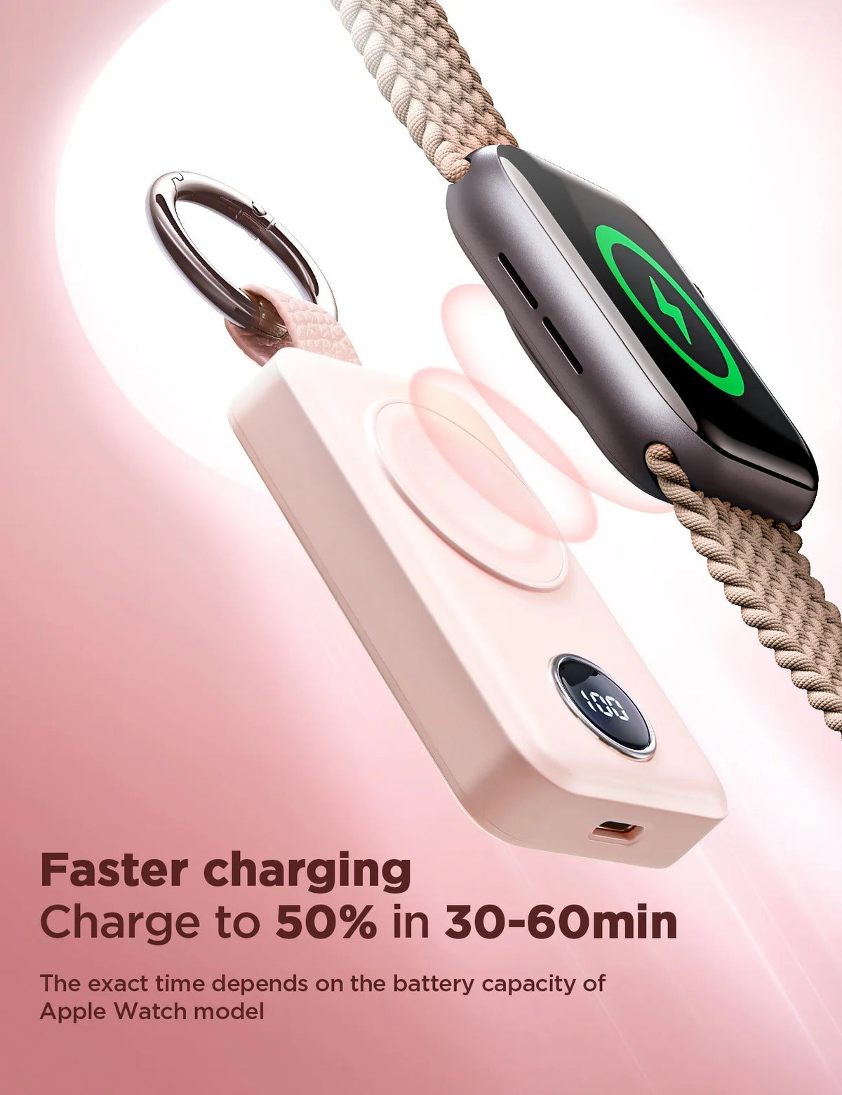 Magnetic Wireless Power Bank for Apple Watch - 2000mAh Portable Charger with Fast Charging Keychain Compatibility for Series 2-11 and Ultra, Pink