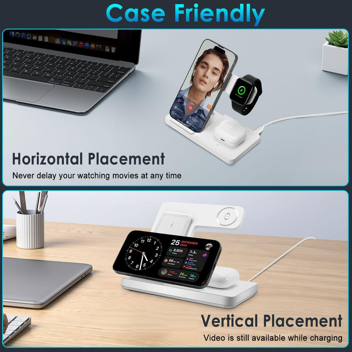3 in 1 Charging Station for Multi Devices, Wireless Charger for Iphone 8-16 Series & Apple Watch, Wireless Charging Station for Airpods Pro/4/3/2