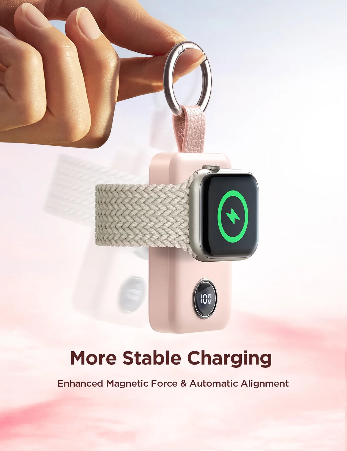 Magnetic Wireless Power Bank for Apple Watch - 2000mAh Portable Charger with Fast Charging Keychain Compatibility for Series 2-11 and Ultra, Pink