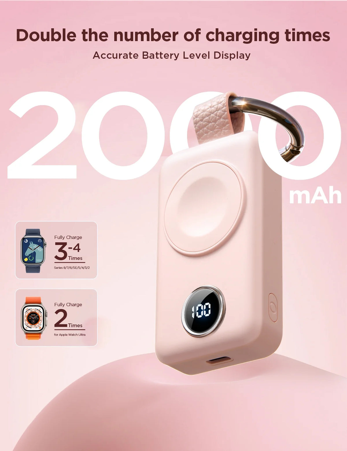 Magnetic Wireless Power Bank for Apple Watch - 2000mAh Portable Charger with Fast Charging Keychain Compatibility for Series 2-11 and Ultra, Pink