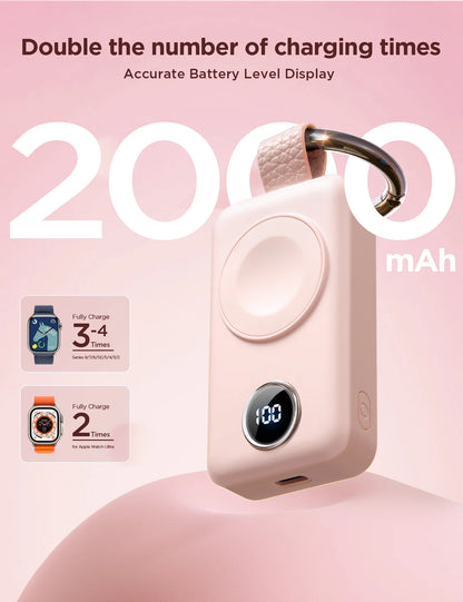 Magnetic Wireless Power Bank for Apple Watch - 2000mAh Portable Charger with Fast Charging Keychain Compatibility for Series 2-11 and Ultra, Pink